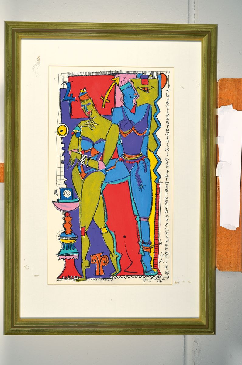 Detail k: Kerstin Emrich, geb. 1964 Frankfurt/Main, zwei Mischtechniken mit Figurative Darstellungen, Kohle Bleistift Gouache und Wachs, beide signiert und ...