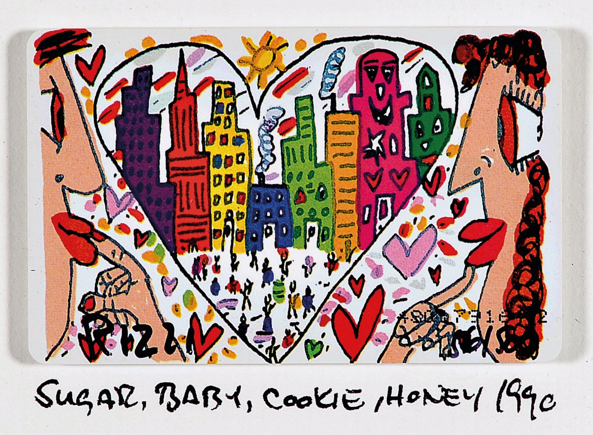 James Rizzi, 1950-2011, Konvolut aus einer Telefonkarte und 10 Magneten, Titel: Sugar, Baby, cookie, honey, dat. 1990, sign., num.56 /500, Karte ca. ...