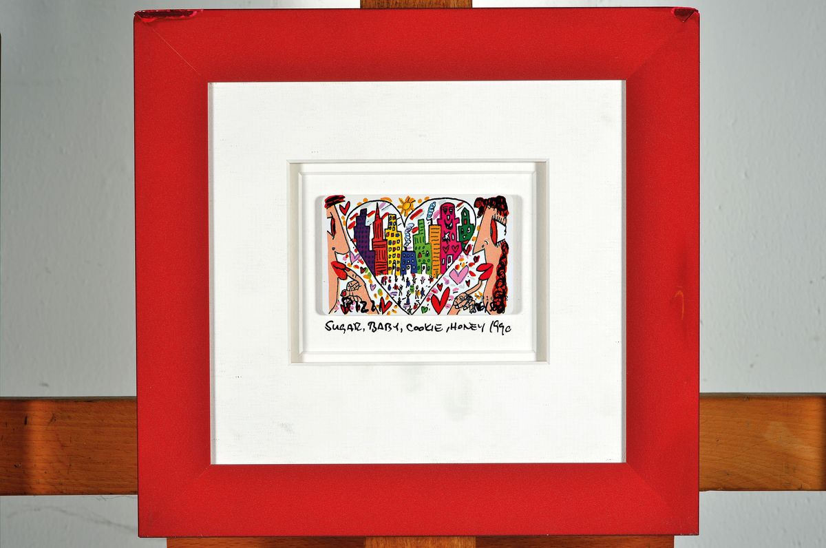Detail k: James Rizzi, 1950-2011, Konvolut aus einer Telefonkarte und 10 Magneten, Titel: Sugar, Baby, cookie, honey, dat. 1990, sign., num.56 /500, Karte ca. ...