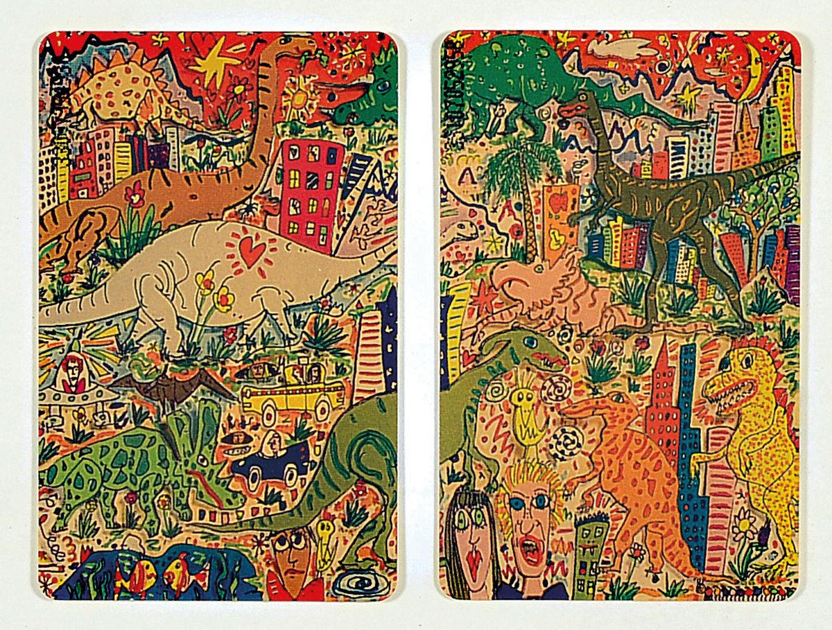 James Rizzi, 1950-2011, Konvolut aus zwei Telefonkarte und 7 Magneten, unsign., ca. 5,5x8 cm, unter Glas gerahmt, gesamt ca. 36,5x34 cm