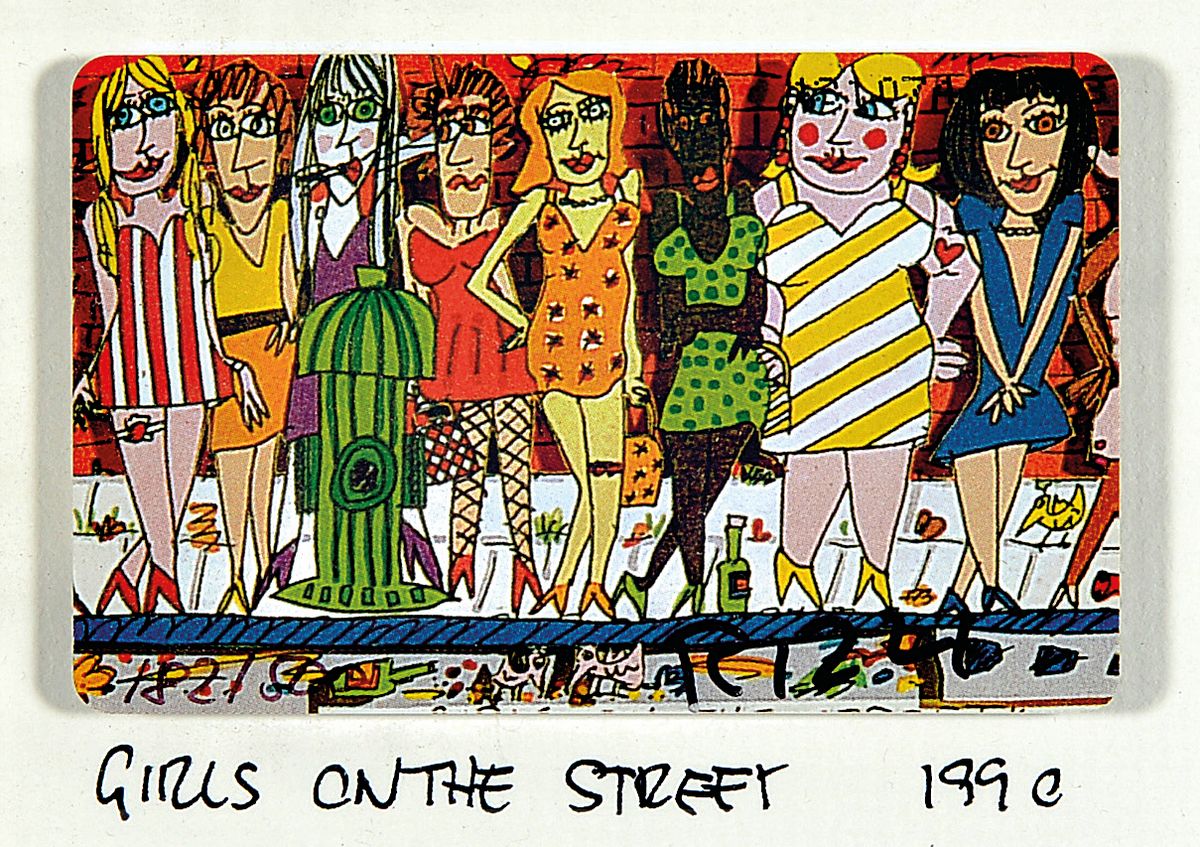 James Rizzi, 1950-2011, Konvolut aus einer Telefonkarte und 10 Magneten, circus on the street, sign., num. 182/500, dat. 1990, Karte ca. 5,5x8 cm, ...