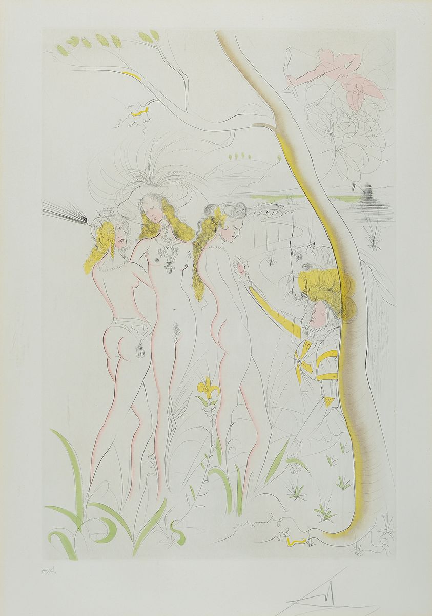 Salvador Dali, 1904-1989, Le Jugement de Paris, Das Paris-Urteil, Kaltnadelradierung von 1971 aus Suite Mythologique nouvelle, handsigniert, bez. ...