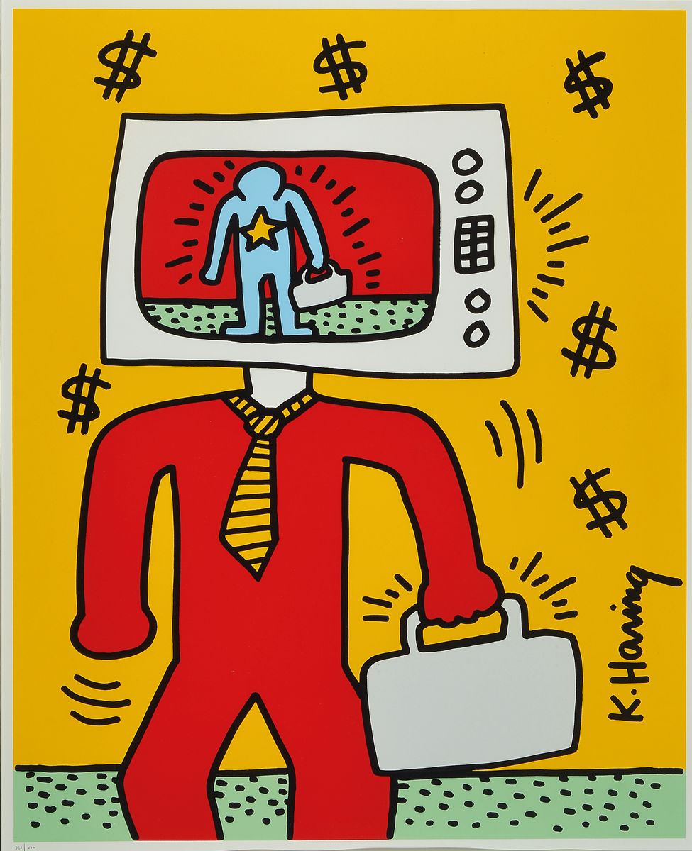 Keith Haring, 1958-1990, TV-Man, Farbserigraphie, entworfen 1986, realisiert 1990, in einer Auflage von 1000 Exempl. erschienen, num., ca. 72x58cm, ...
