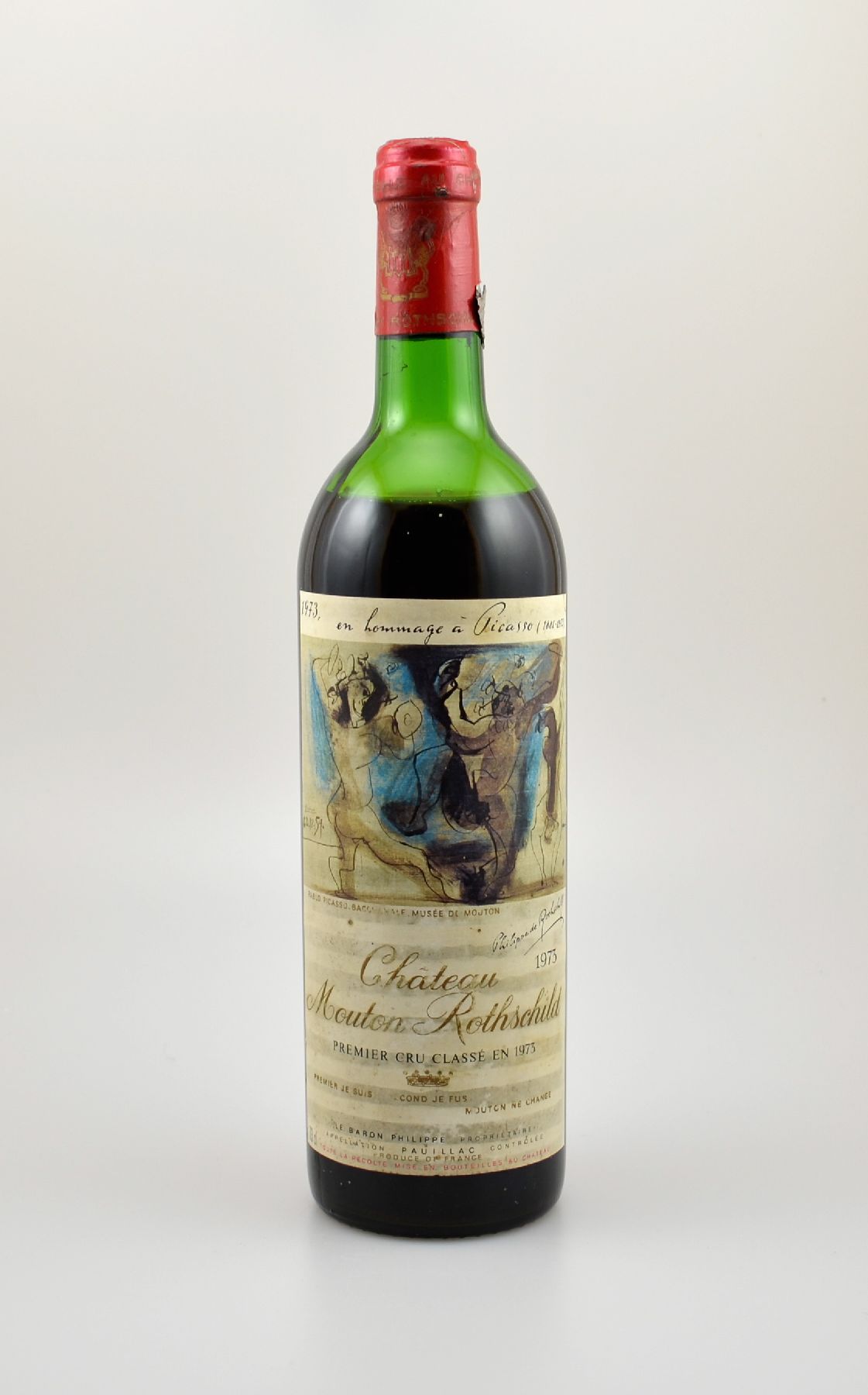 1 Flasche 1973 Chateau Mouton Rothschild, Pauillac, Premier Grand Cru Classe, ca. 73 cl, Füllstand: ca. lower mid shoulder, Etikett l. beschmutzt, ...