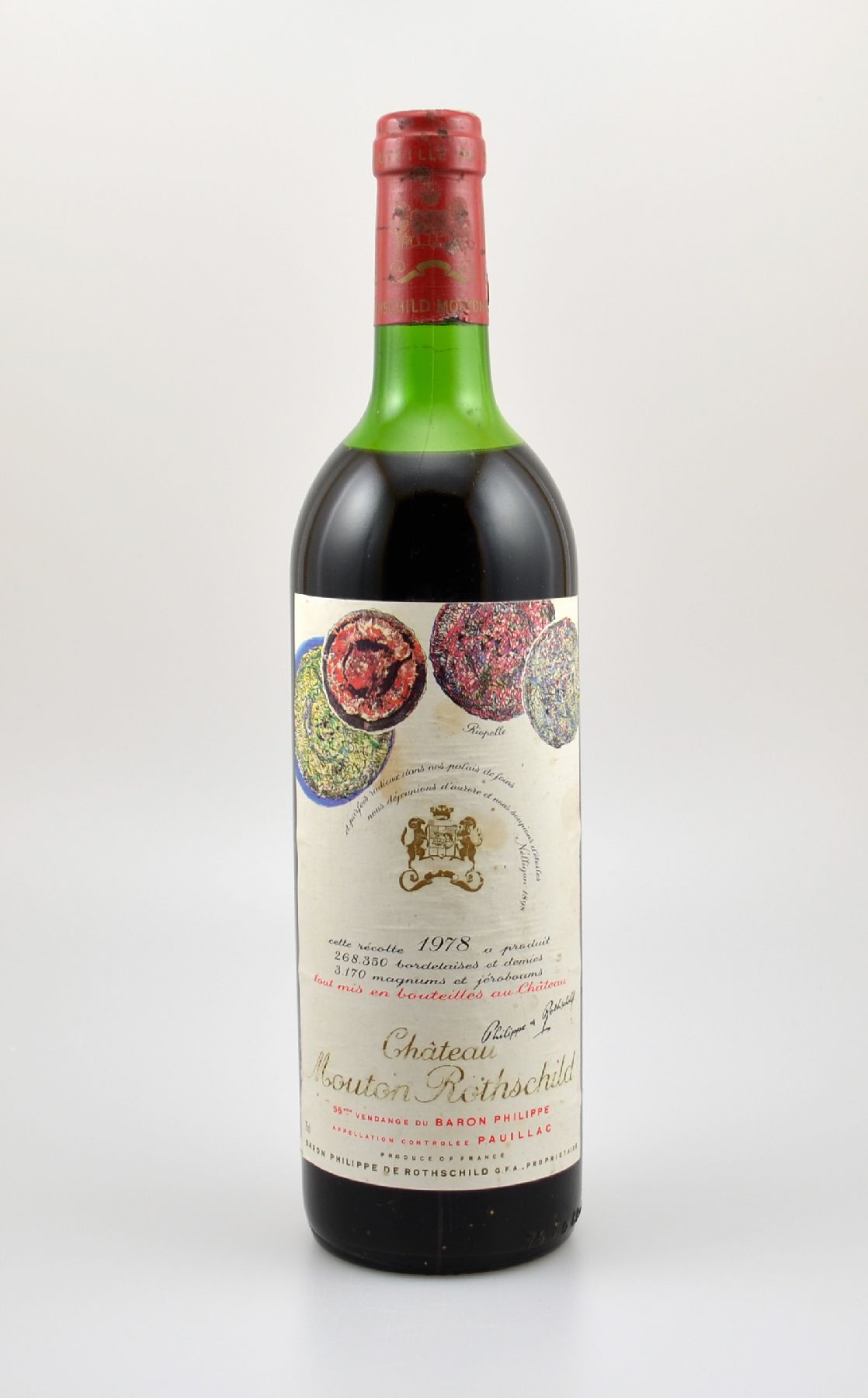1 Flasche 1978 Chateau Mouton Rothschild, Pauillac, Premier Grand Cru Classe, ca. 75 cl, Füllstand: ca. upper mid shoulder, Etikett min. beschmutzt, ...