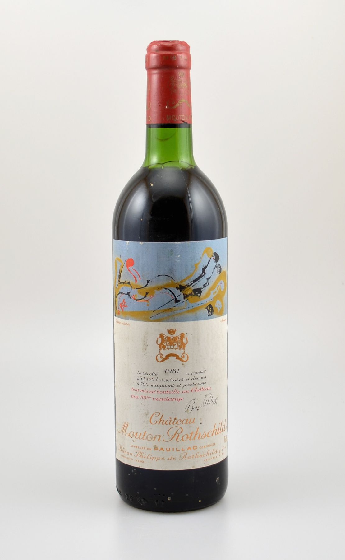 1 Flasche 1981 Chateau Mouton Rothschild, Pauillac, Premier Grand Cru Classe, ca. 75 cl,Füllstand: ca. top shoulder, Etikett min. beschmutzt, ...