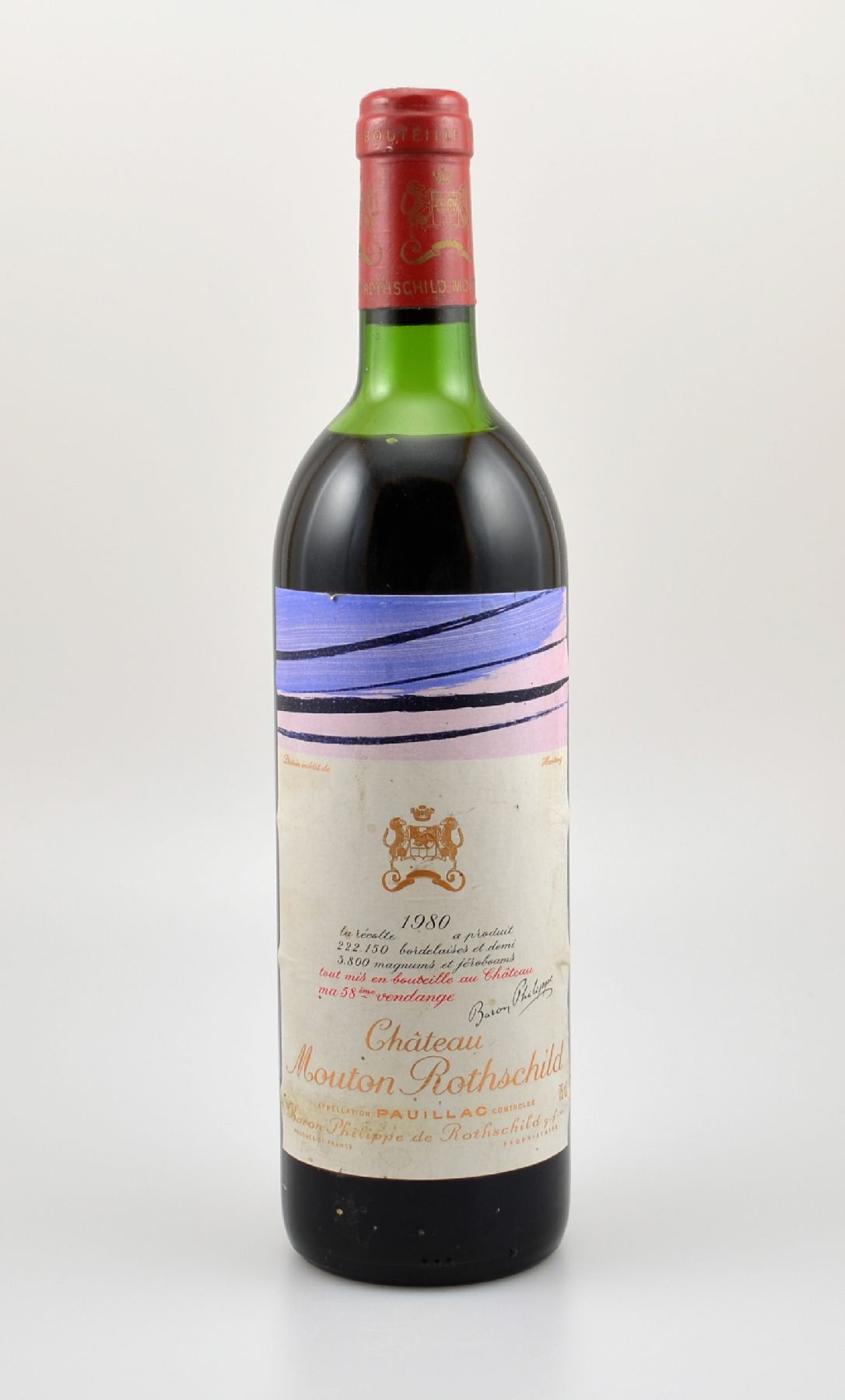 1 Flasche 1980 Chateau Mouton Rothschild, Pauillac, Premier Grand Cru Classe, ca. 75 cl., Füllstand: ca. upper mid shoulder, unverkostet, ...