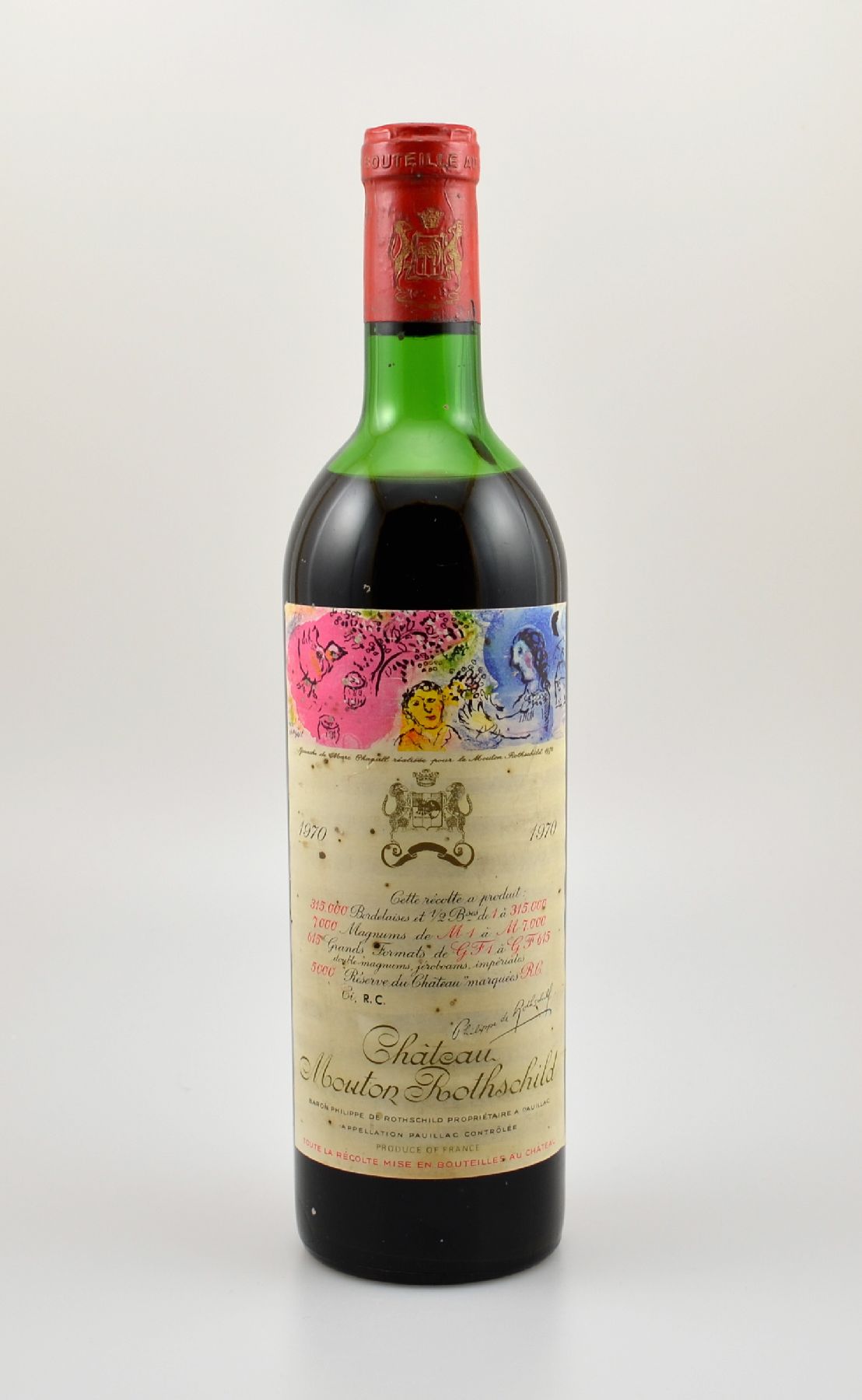 1 Flasche 1970 Chateau Mouton Rothschild, Pauillac, Grand Cru Classe, Füllstand: ca. upper mid shoulder, Etikett gebräunt, unverkostet, ...