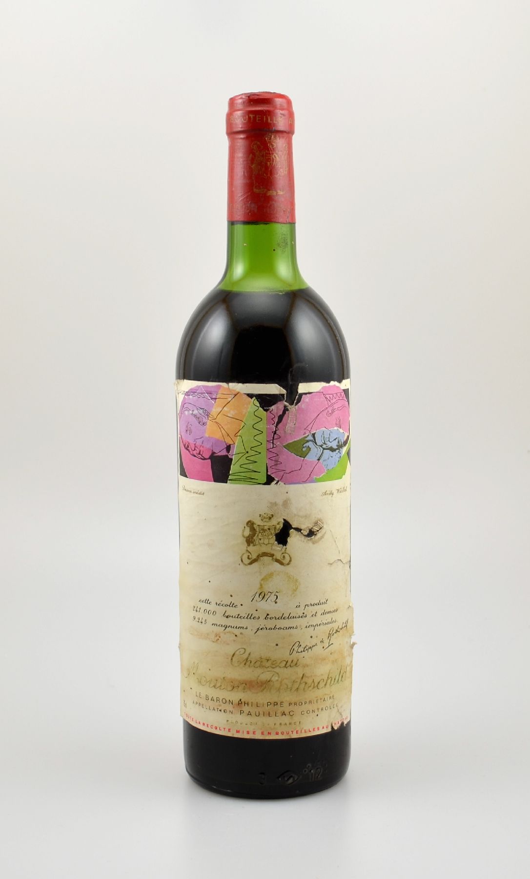 1 Flasche 1975 Chateau Mouton Rothschild, Pauillac, je ca. 75 cl, Füllstand: upper mid shoulder, unverkostet, Etikett beschmutzt bzw. besch., ...