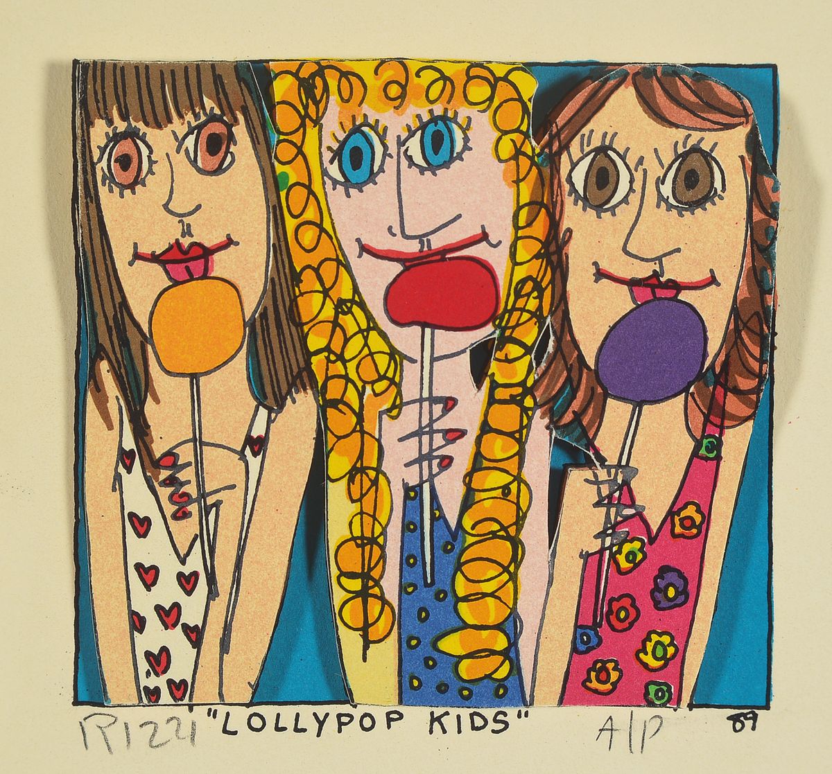 James Rizzi, 1950-2011, Lollypop Kids, 3D-Konstruktion, sign., num. A/P, dat. 89, gesamt ca. 15x13,5 cm