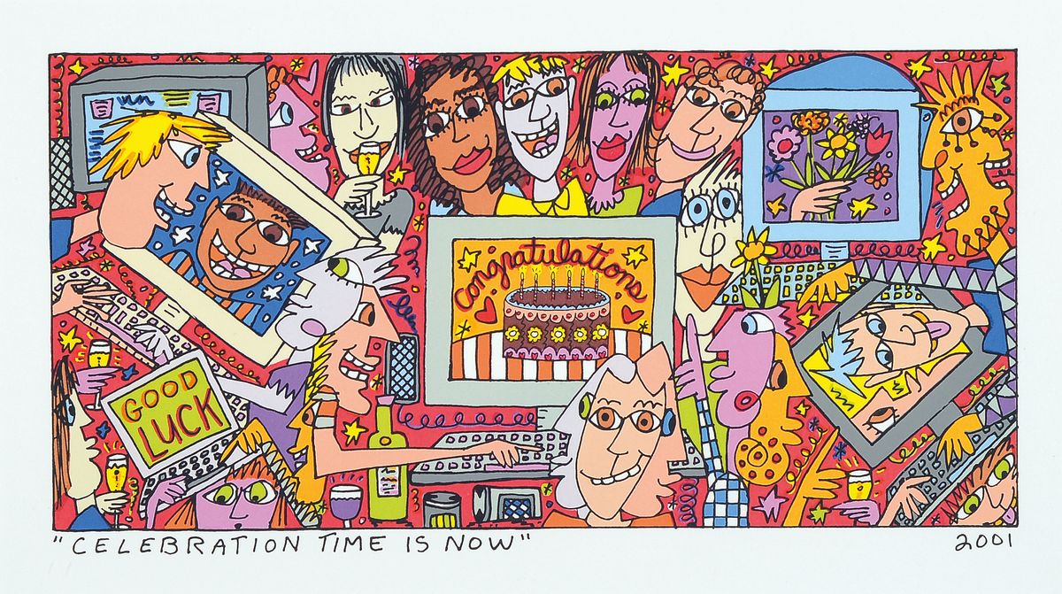 James Rizzi , 1950-2011, celebration time is now, Lithografie, dat. 2001, Motiv ca. 23,5x28 cm, unter Glas gerahmt, gesamt ca. 37x50 cm