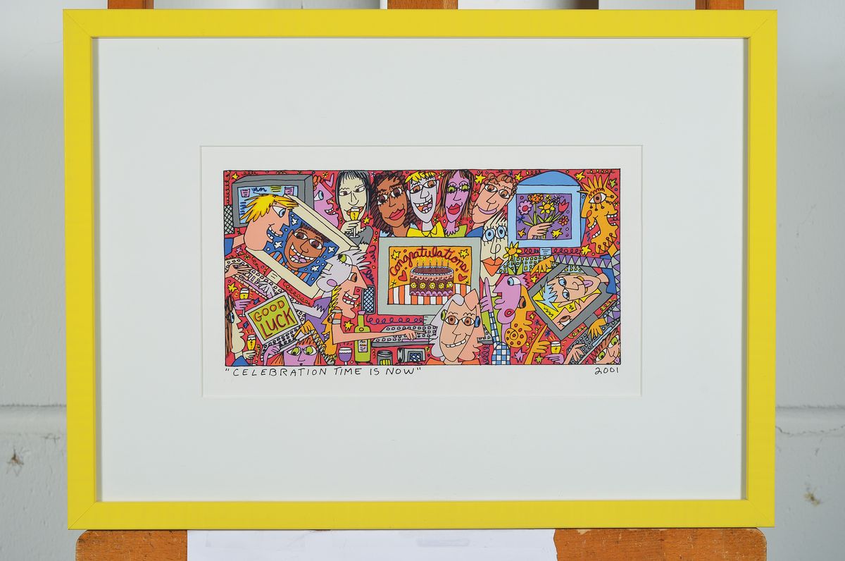 Detail k: James Rizzi , 1950-2011, celebration time is now, Lithografie, dat. 2001, Motiv ca. 23,5x28 cm, unter Glas gerahmt, gesamt ca. 37x50 cm