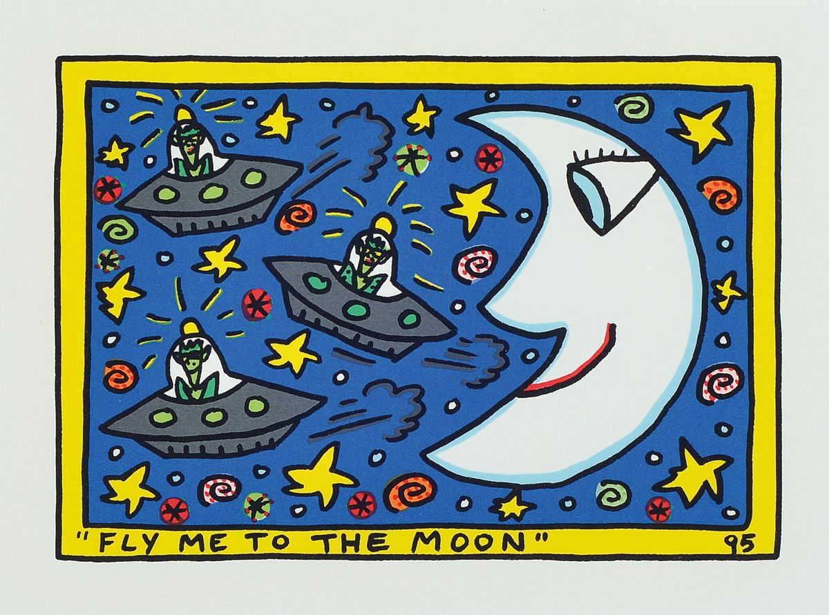 James Rizzi, 1950-2011, Fly me to the Moon, Lithografie, dat. 95, unter Glas gerahmt, Motiv ca. 14x20 cm, gesamt ca. 37,5 x 43,5 cm