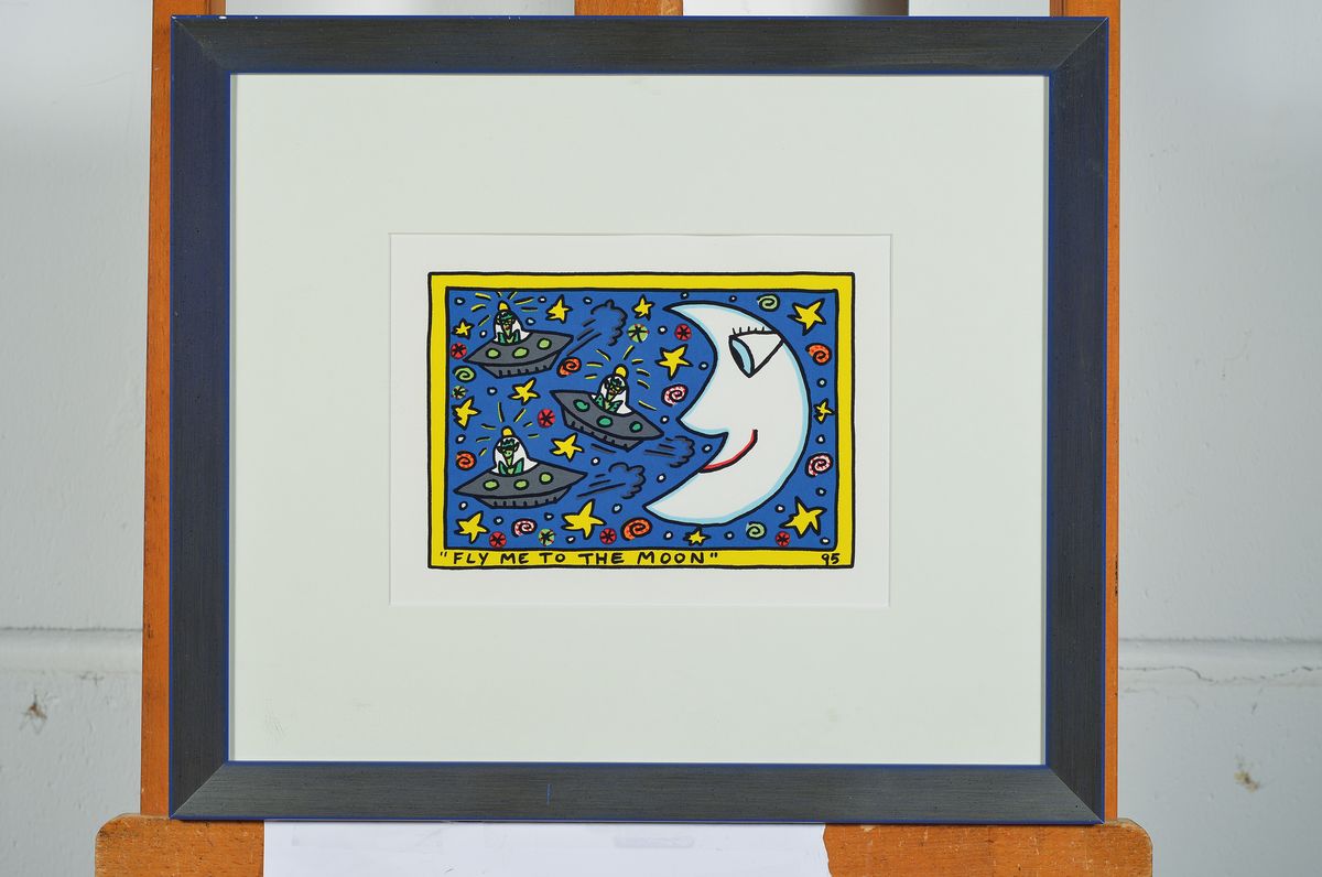 Detail k: James Rizzi, 1950-2011, Fly me to the Moon, Lithografie, dat. 95, unter Glas gerahmt, Motiv ca. 14x20 cm, gesamt ca. 37,5 x 43,5 cm