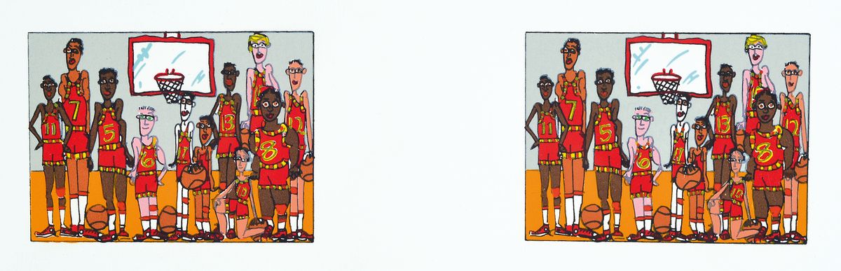 James Rizzi, 1950-2011, 2x Team Photo, Lithografie, Motiv je ca. 7,5x10, gesamt ca. 15,5x36,5 cm