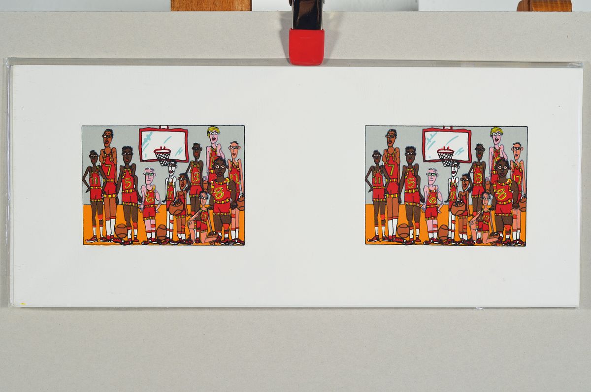 Detail k: James Rizzi, 1950-2011, 2x Team Photo, Lithografie, Motiv je ca. 7,5x10, gesamt ca. 15,5x36,5 cm