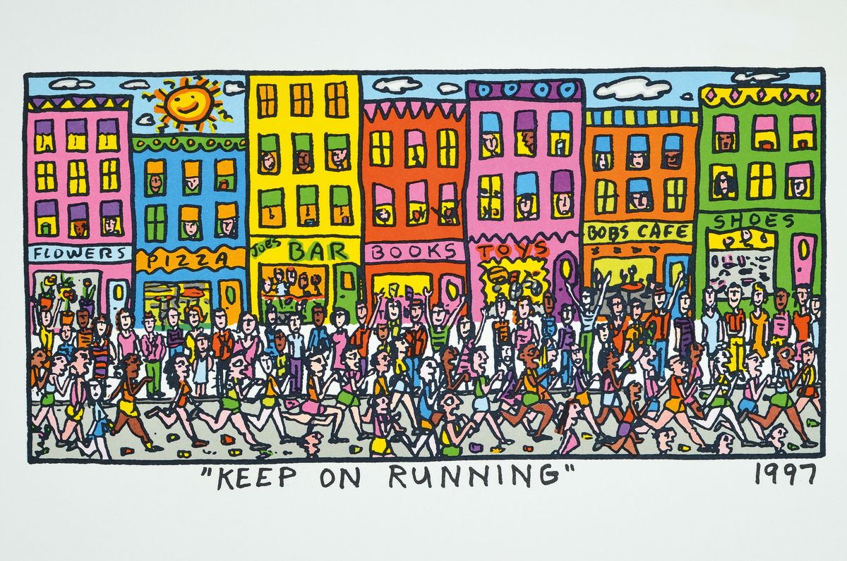James Rizzi, 1950-2011, Keep on Running, Lithografie, dat. 1997, Motiv ca. 13,5x28, gesamt ca. 23x35 cm