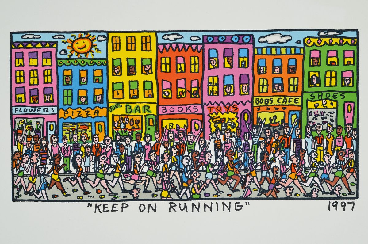 Detail k: James Rizzi, 1950-2011, Keep on Running, Lithografie, dat. 1997, Motiv ca. 13,5x28, gesamt ca. 23x35 cm