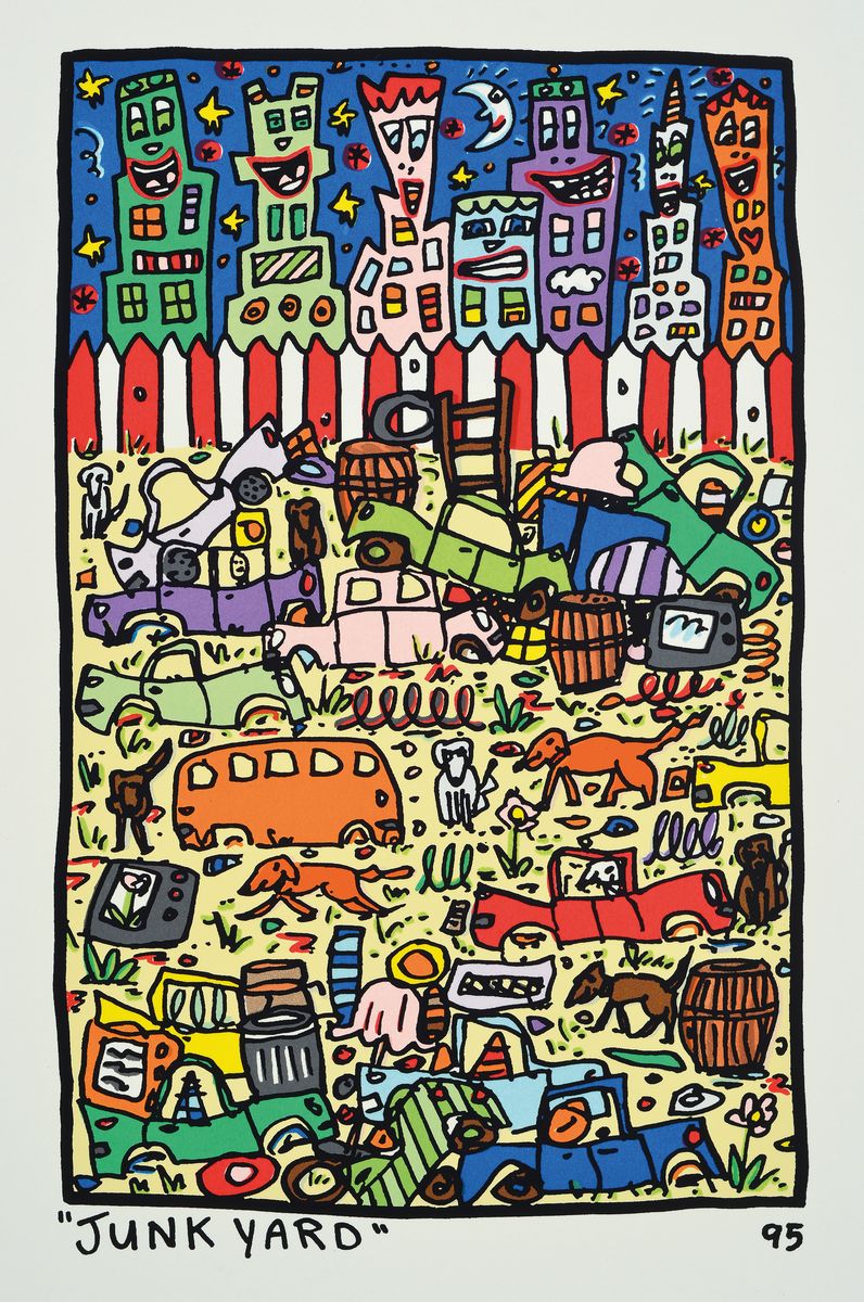 James Rizzi, 1950-2011, Junk Yard, Lithografie, dat. 95, Motiv ca. 25,5x16 cm gesamt ca. 39x24,5 cm, linke obere Ecke fehlt