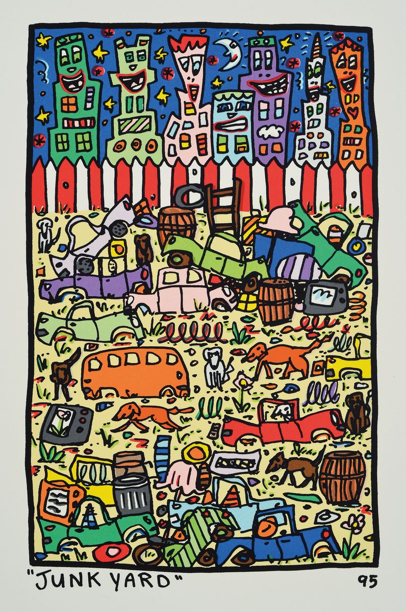 Detail k: James Rizzi, 1950-2011, Junk Yard, Lithografie, dat. 95, Motiv ca. 25,5x16 cm gesamt ca. 39x24,5 cm, linke obere Ecke fehlt