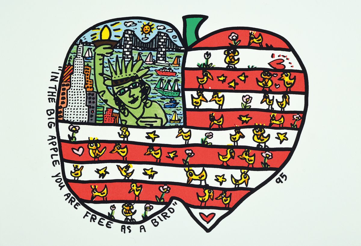 James Rizzi, 1950-2011, In the big Apple you are free as a bird, Lithografie, dat. 95, ca. 25,5x28 cm