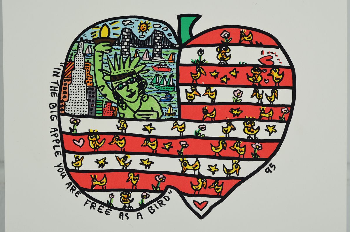 Detail k: James Rizzi, 1950-2011, In the big Apple you are free as a bird, Lithografie, dat. 95, ca. 25,5x28 cm