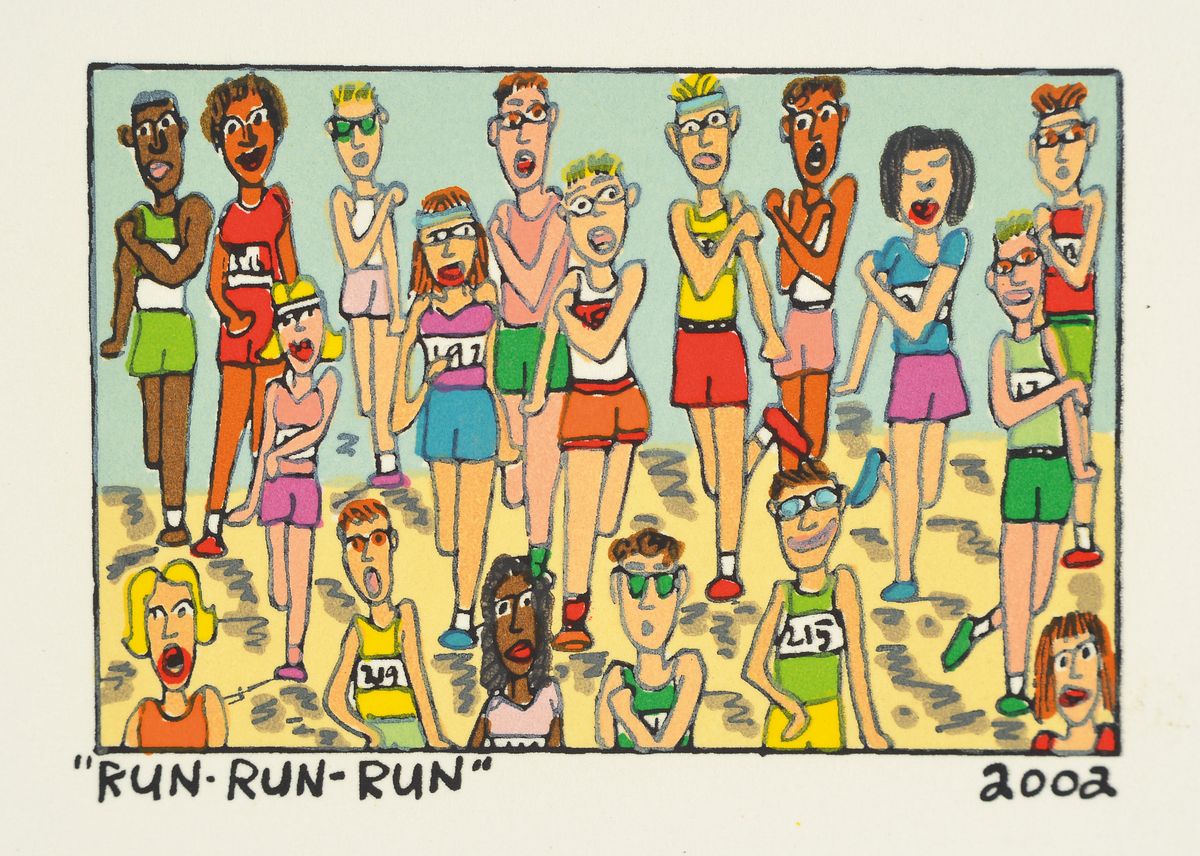James Rizzi, 1950-2011, Run-Run-Run, Lithografie, dat. 2002, Motiv ca. 5,5x8 cm, gesamt ca. 12x14 cm