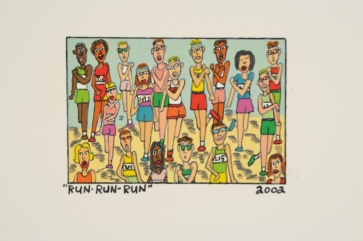 Detail k: James Rizzi, 1950-2011, Run-Run-Run, Lithografie, dat. 2002, Motiv ca. 5,5x8 cm, gesamt ca. 12x14 cm