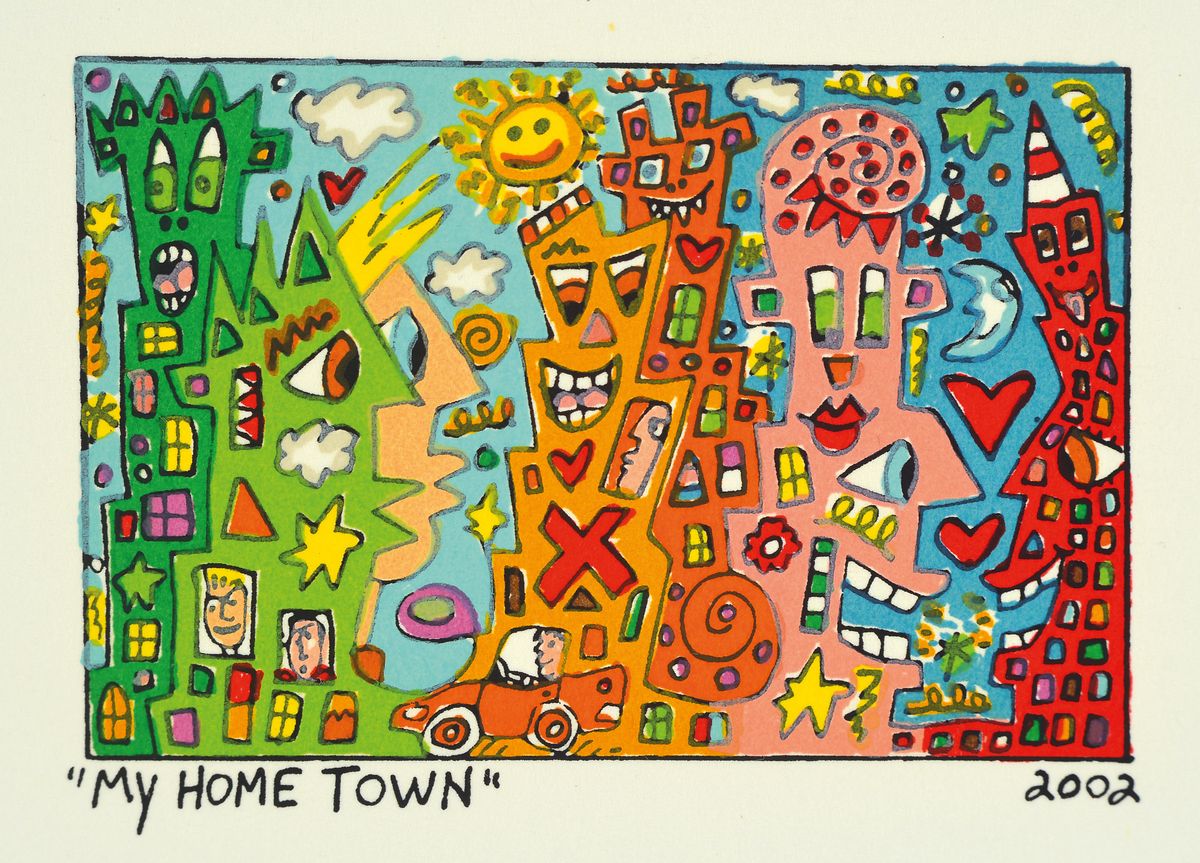 James Rizzi, 1950-2011, My Home Town, Lithografie, dat.2002, Motiv ca. 5,5x8 cm, gesamt ca. 12,5x14,5 cm