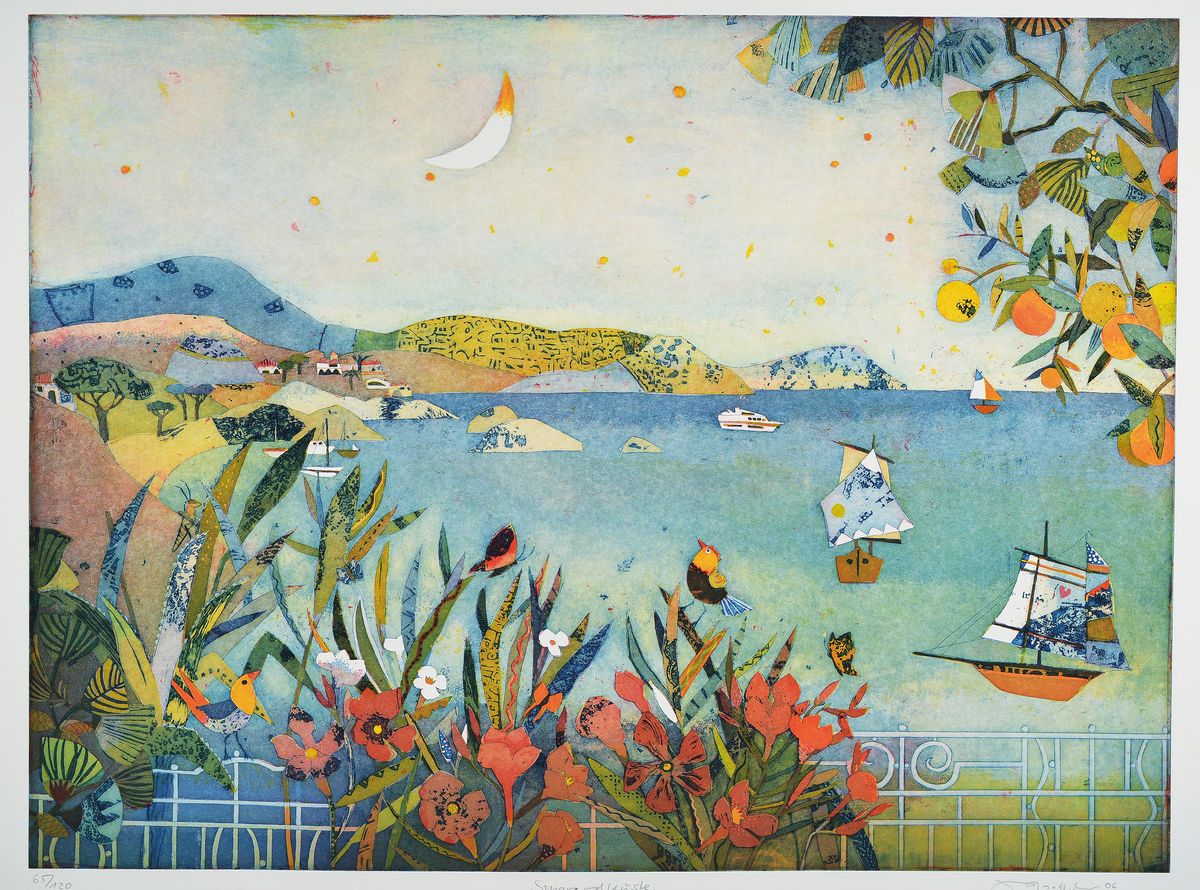 Jutta Votteler, geb. 1959, im Mondwald, Smaragdküste, Radierung, sign., num. 65/120, Motiv ca. 59x79 cm, gesamt ca. 69,5x99