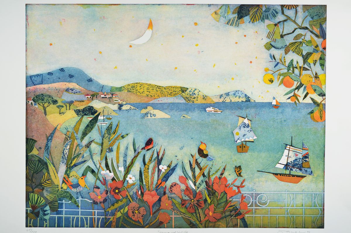 Detail k: Jutta Votteler, geb. 1959, im Mondwald, Smaragdküste, Radierung, sign., num. 65/120, Motiv ca. 59x79 cm, gesamt ca. 69,5x99
