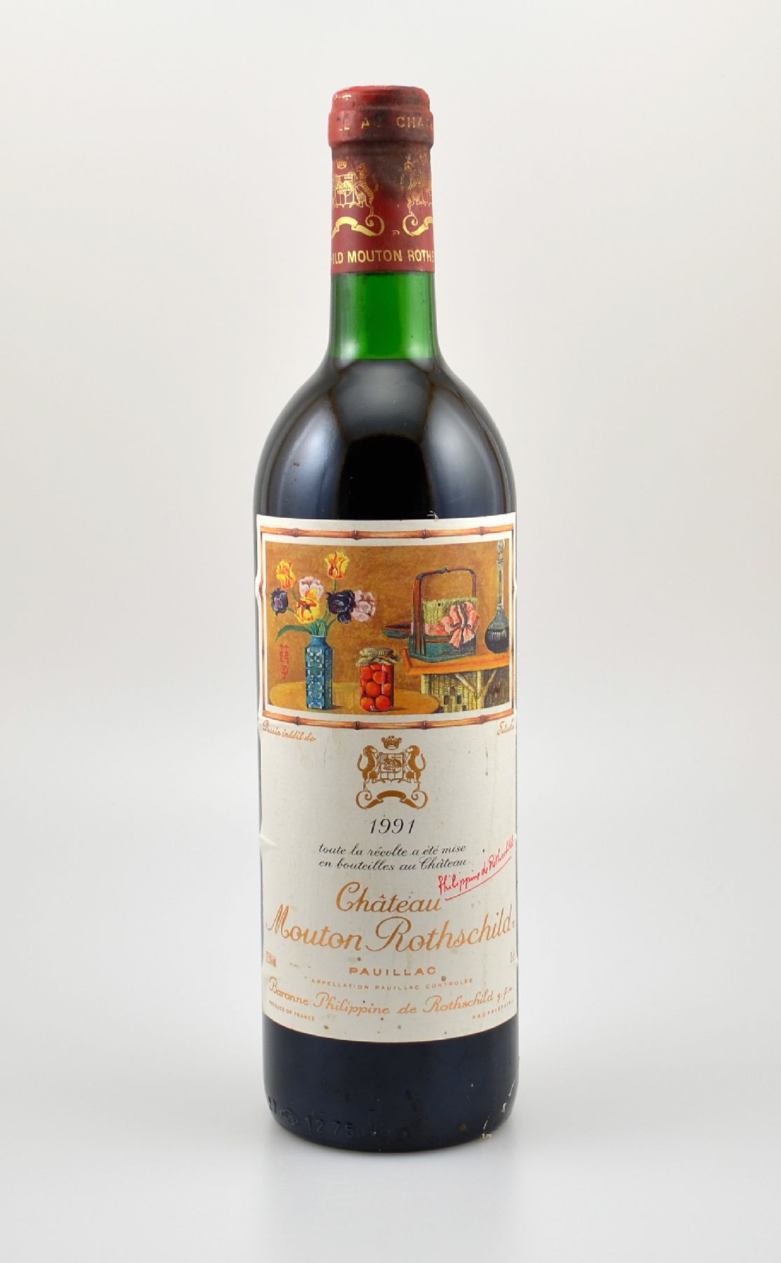1 Flasche 1991 Chateau Mouton Rothschild, Pauillac, Premier Grand Cru Classe, ca. 75 cl, 12,5 % Vol., Füllstand: top shoulder, Kapsel min. ...
