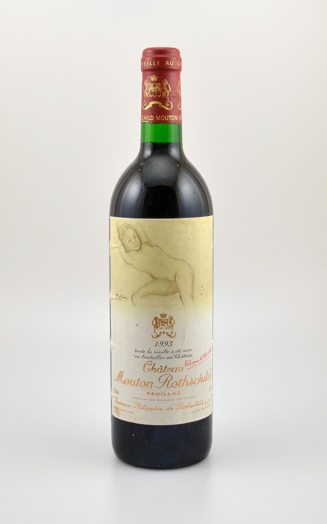 1 Flasche 1993 Chateau Mouton Rothschild, Pauillac, Premier Grand Cru Classe, ca. 75 cl, 12,5 % Vol., Füllstand: into neck, unverkostet, ...