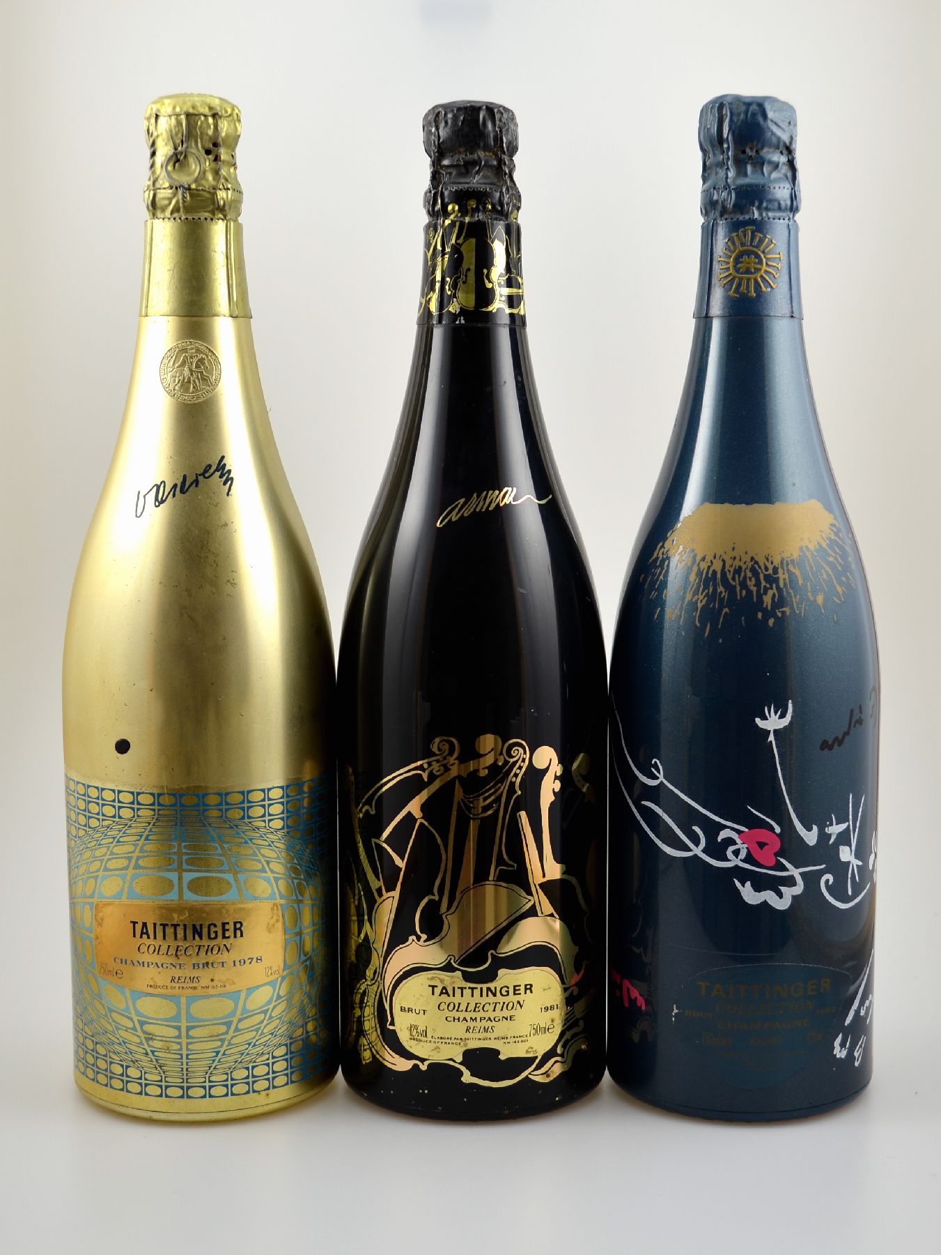 3 Flaschen Taittinger Collection, Brut, Reims , Jahrgänge: 1978, 1981 und 1982, je ca. 75 cl, 12 % Vol., gute Erhaltungszustände, unverkostet, 1978 ...