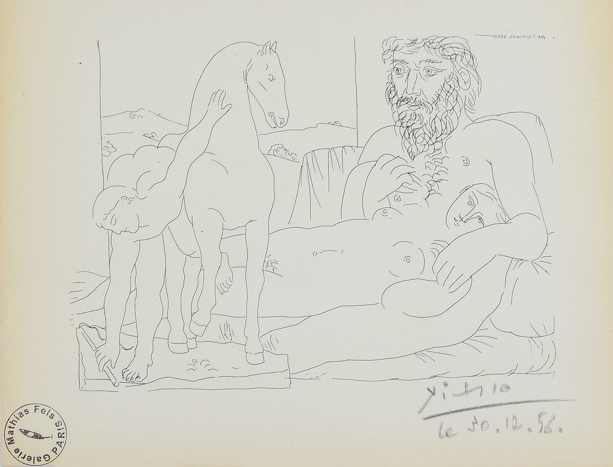 Pablo Picasso, Malaga 1881 - 1973 Mougins, Offset-Litho, handsign., edition Galerie Mathias Fels Paris, "Der Bildhauer und seine Muse", ...