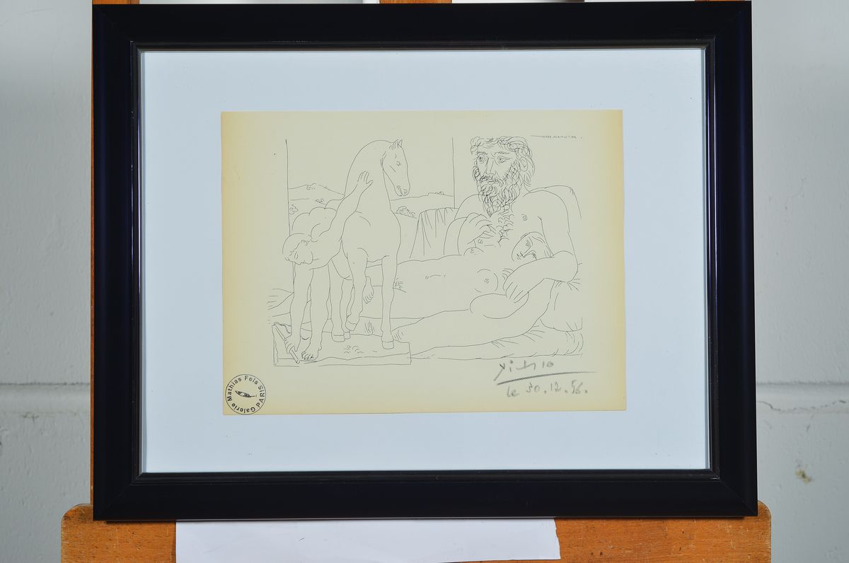 Detail k: Pablo Picasso, Malaga 1881 - 1973 Mougins, Offset-Litho, handsign., edition Galerie Mathias Fels Paris, "Der Bildhauer und seine Muse", ...