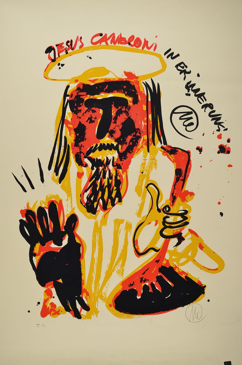 Markus Lüpertz, geb. 1941, Jesus Canneloni, Farblithografie, sign., e.a, griff-knicke und leichte Flecken sind zusehen, ca.107x75 cm