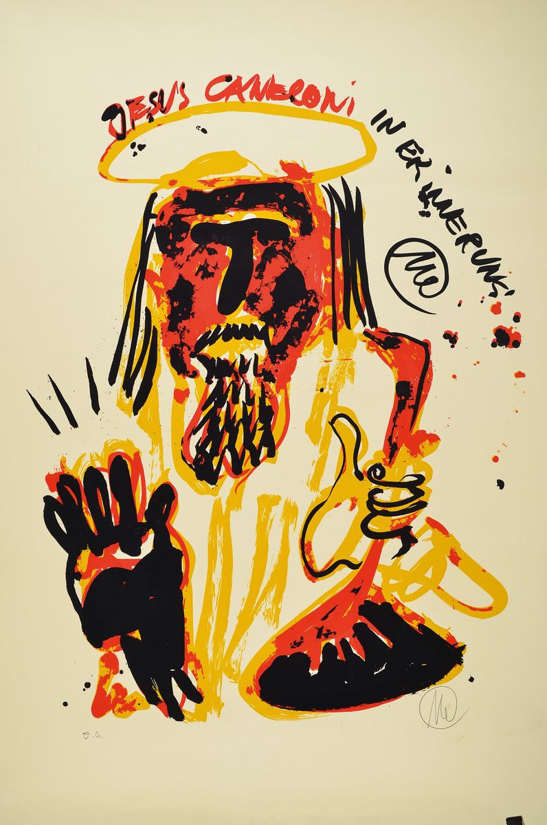 Detail k: Markus Lüpertz, geb. 1941, Jesus Canneloni, Farblithografie, sign., e.a, griff-knicke und leichte Flecken sind zusehen, ca.107x75 cm