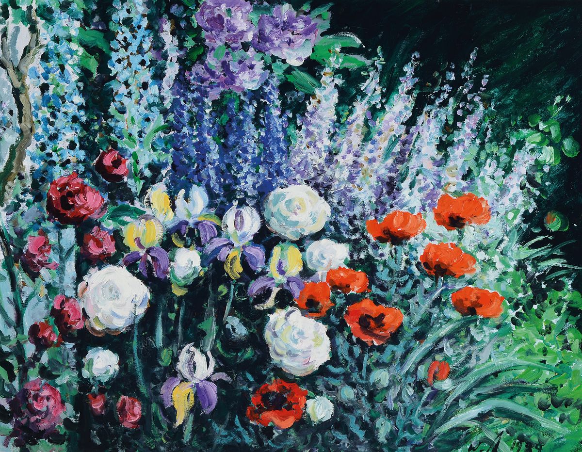 Wolfgang Niederhagen, geb. 1933, Im Garten, rückseitig so betitelt, Öl/Lwd, rechts unten monogrammiert und dat. 1989, ca. 70x90cm/80x100cm, R.