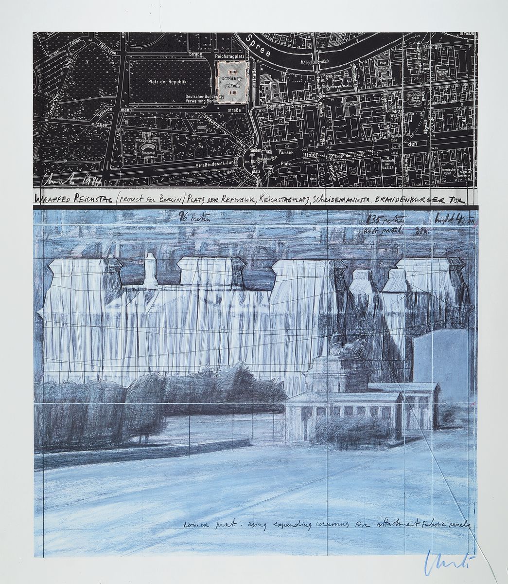 Christo und Jeanne-Claude, Wrapped Reichstag, Project for Berlin, Farboffset, handsigniert, Blattgr. ca. 79x59cm, u.Gl., R., Glas gesprungen