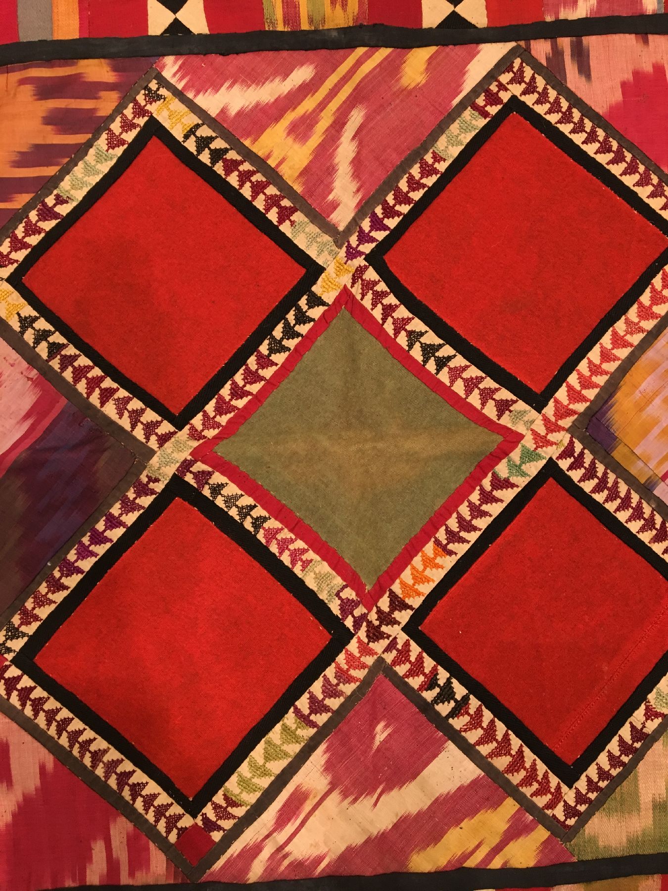 Detail c: Usbekische "Stickerei" antik, Usbekistan, Ende 19.Jhd., Seide/Baumwolle/Filz. Kleine quadratische Stickerei mit Ikat Applikationen, ca. 84 ...