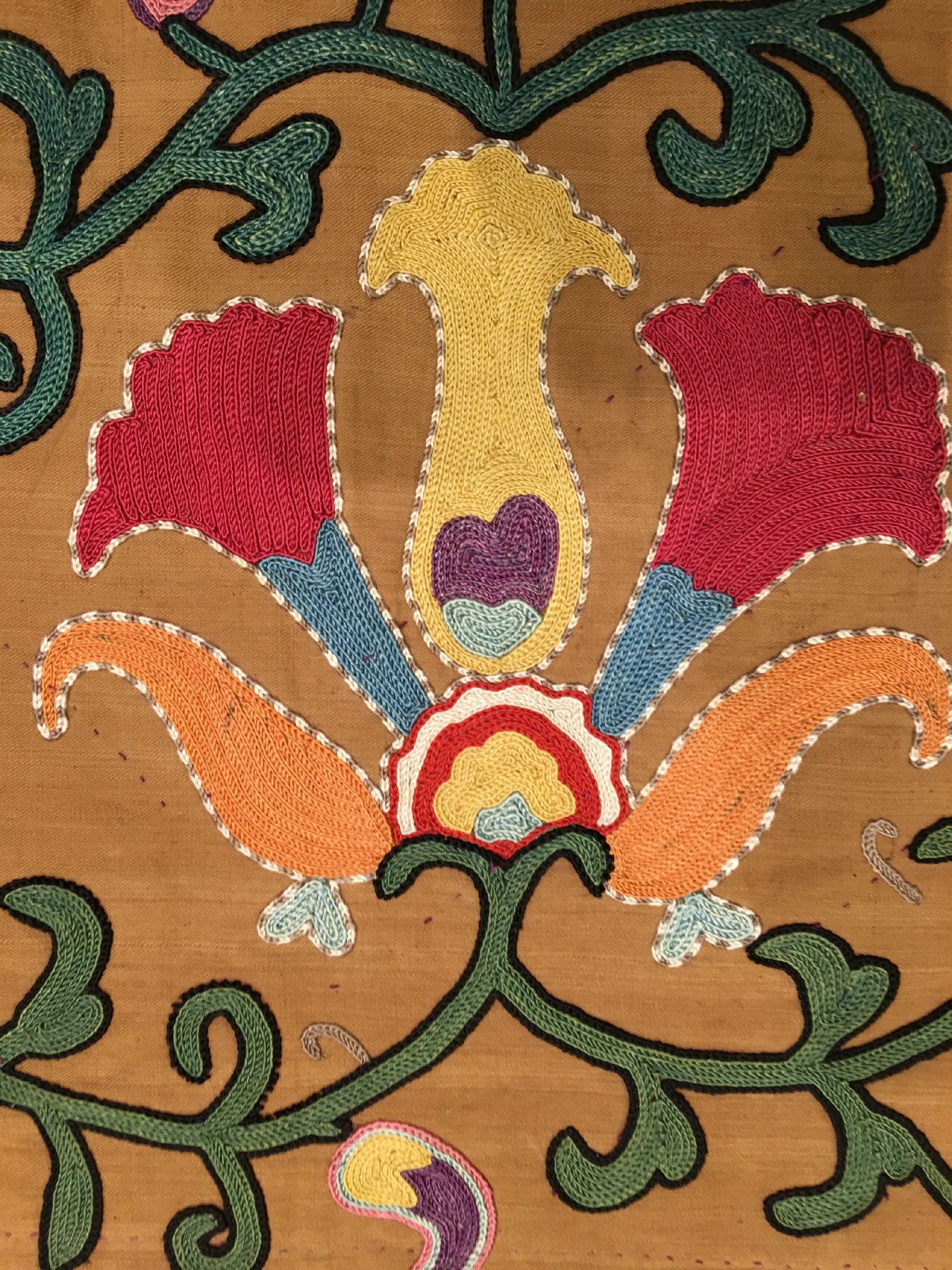 Detail e: Shakhrisyabz Nim "Susani" antik (Gebetstypus), Usbekistan Lakai-Stämme, 19.Jhd., Seidenstickerei auf Baumwollgewebe mit original ...