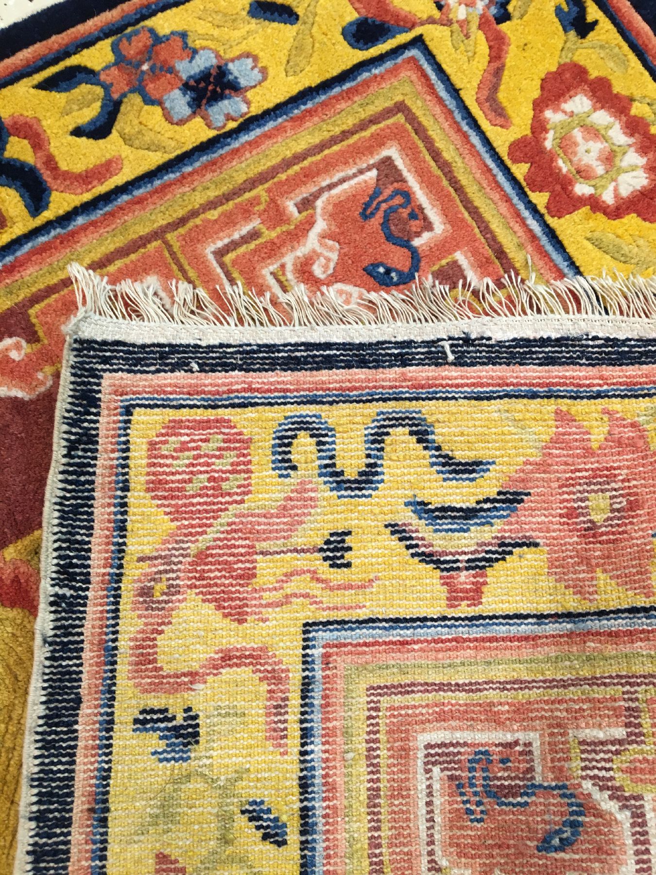 Detail i: Sehr feiner Ning-Hsia "Sitzbankteppich" antik (Fo Hunde), Westchina, 19.Jhd., Korkwolle geknüpft auf Baumwolle. Sehr hochwertiger ...