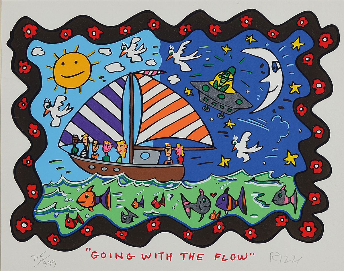 James Rizzi, 1950-2011 New York, Going with the Flow, Farblithografie,handsign., num. 715/999, unter Glas gerahmt, Motiv ca. 19x25 cm, gesamt ...