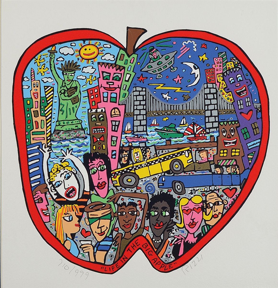 James Rizzi, 1950-2011 New York, Life in the big Apple, Farblithografie, handsign., num. 710/999, unter Glas gerahmt, Gesamt ca. 52x50,5 cm , inkl. ...