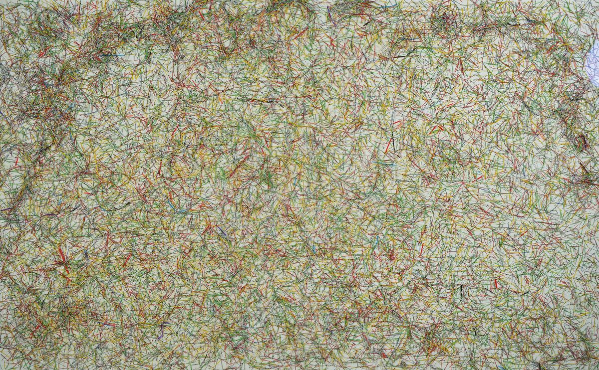 Dieter Häcker, Zeitgenössischer Künstler, Collage aus dünnen Kabelabschnitten, rückseitig signiert, dat. 90, ca. 180x113cm, u.Gl., R.