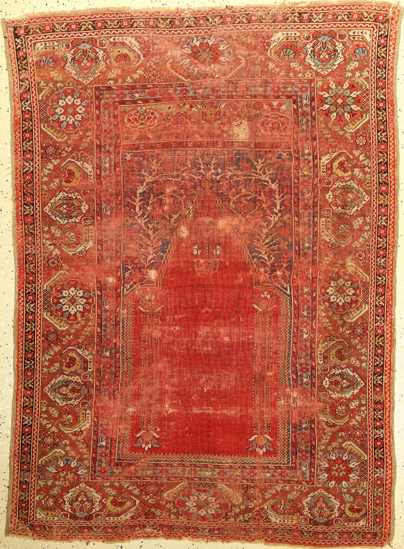 Transsylvanischer Basra Ghiordes "Gebetsteppich" antik, Türkei, um 1800, Wolle auf Wolle mit minimalen Baumwoll-Highlights, ca. 154 x 111 ...