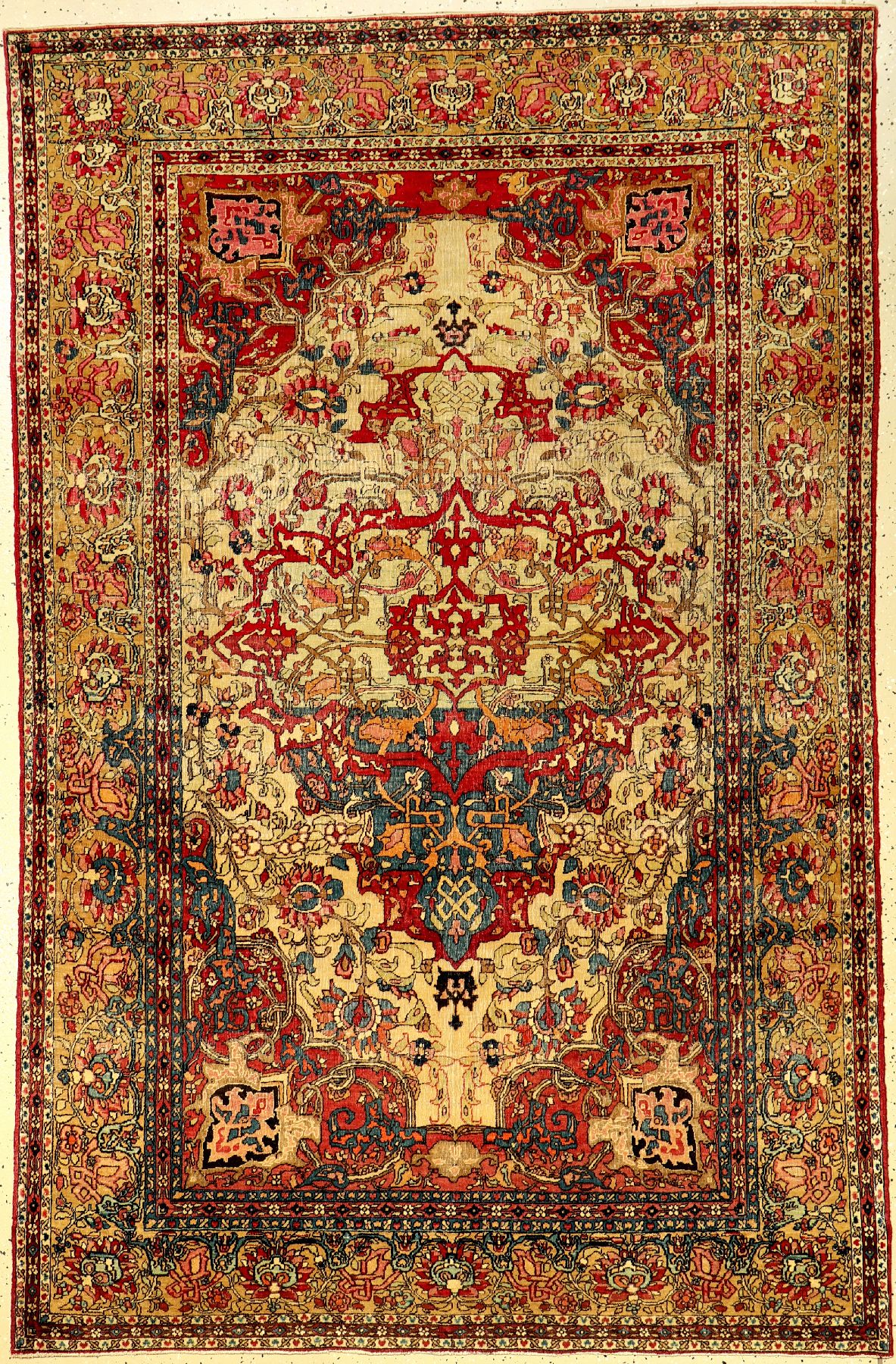 Esfahan antik, Persien, Ende 19.Jhd., Wolleauf Baumwolle, ca. 216 x 140 cm, dekoratives Medaillon Design, Im Stile der Ahmad Werkstätte, EHZ: 4.