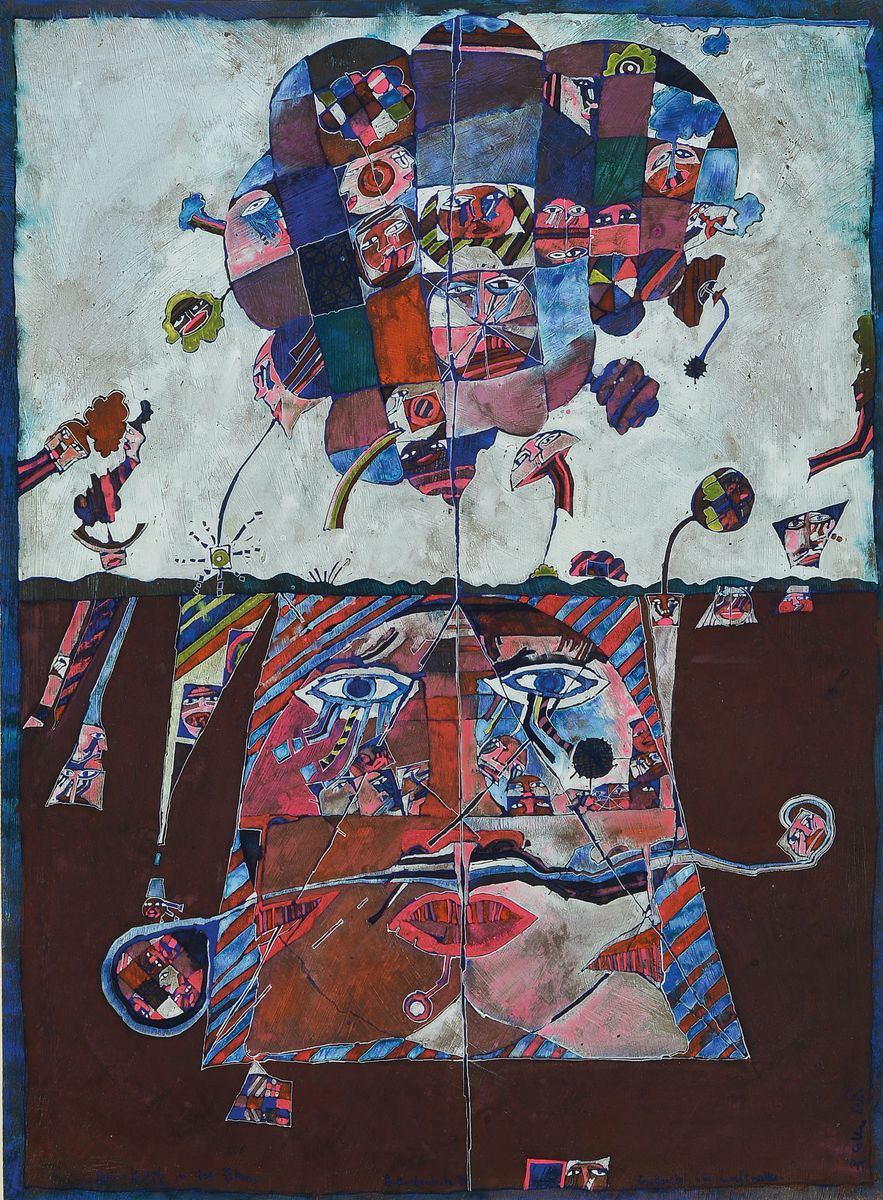 Bernd Kastenholz, geb. 1949 Speyer, Drei-Kopf in der Ebene, Gouache und Gold auf Papier, signiert und betitelt, ca. 72x54cm, PP, u.Gl., R. ca. 94x72cm