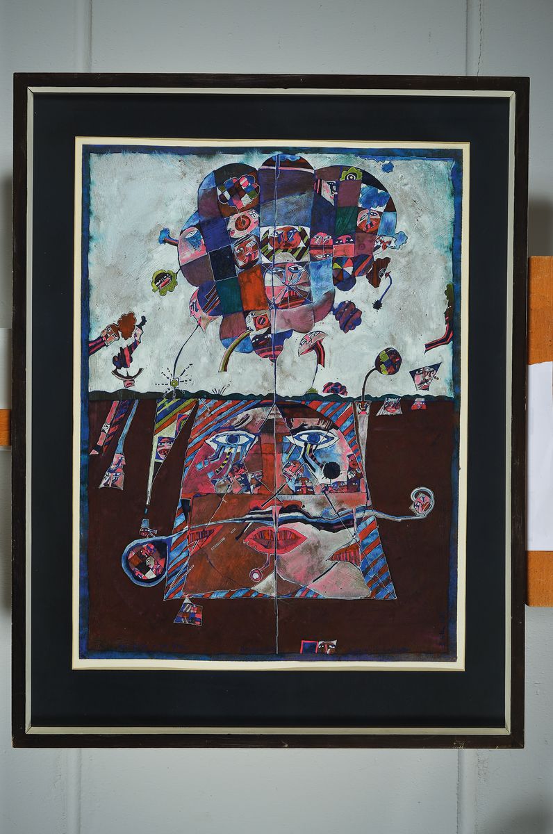 Detail k: Bernd Kastenholz, geb. 1949 Speyer, Drei-Kopf in der Ebene, Gouache und Gold auf Papier, signiert und betitelt, ca. 72x54cm, PP, u.Gl., R. ca. 94x72cm